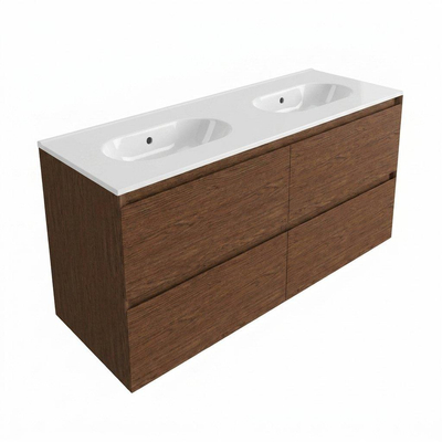Saniclass Holz Pure Ensemble de meubles de salle de bains - 120x45x74cm - lavabo Chaci en céramique blanc - 2 vasques - sans trous de robinetterie - 4 tiroirs - walnut pure mat (bois)