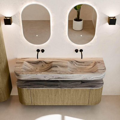 MONDIAZ THOR-DLUX 150cm meuble de salle de bains arrondi gauche + droite couleur Dusk avec 1 tiroir et 2 portes. Vasque suspendue CLOUD Double sans trou de robinet couleur Sombra.