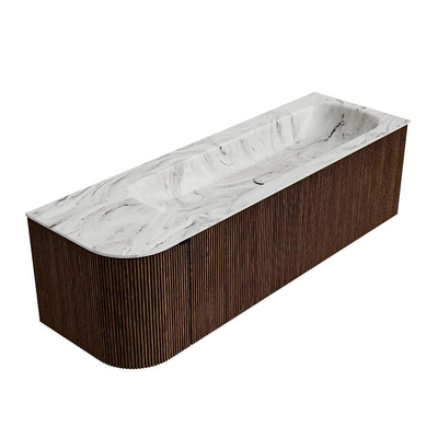 MONDIAZ KURVE-DLUX meuble de salle de bains 145 cm avec module 25 L couleur Walnut avec 1 tiroir et 1 porte. Lavabo BIG LARGE à droite 1 trou de robinet couleur Glace.