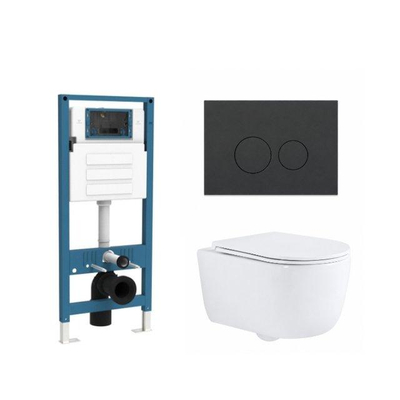 QeramiQ Dely Swirl Ensemble de toilette - réservoir encastré QeramiQ Flush - abattant fin - plaque de commande en plastique anthracite mat - boutons ronds - blanc brillant