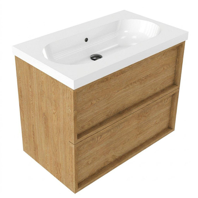Saniclass Holz Frame Ensemble de meubles de salle de bains - 80x45x63.5cm - vasque en céramique Palermo blanche - 1 bac - sans trou de robinet - 2 tiroirs - chêne natural mat (bois)