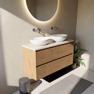 Saniclass Holz Atelier Ensemble meuble de salle de bains - 120x45x63cm - Plan de travail en pierre naturelle travertin - sans trou de robinet - 2 tiroirs - chêne natural mat (bois)