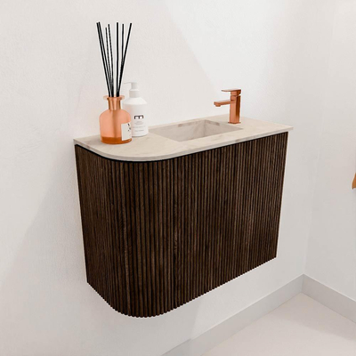 Mondiaz JOYA-DLUX 51.6cm toiletmeubel - ronding links kleur Walnut - Wastafel FAYE positie Rechts 1 kraangat kleur Frappe.
