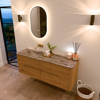 Mondiaz CIRO-DLUX Meuble de salle de bains - 140x45x50cm - vasque solid surface Sombra - 1 lavabo à gauche - sans trous de robinetterie - 4 tiroirs - Chêne