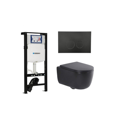 QeramiQ Dely Swirl Toiletset - 36.3x51.7cm - Inbouwreservoir met Geberit UP320 spoelmechanisme - 35mm zitting - mat zwarte metalen bedieningsplaat - ronde knoppen - mat zwart