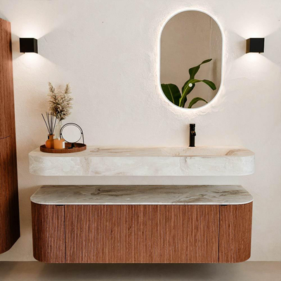 MONDIAZ THOR-DLUX 150cm meuble de salle de bains arrondi gauche + droite couleur Ruby avec 1 tiroir et 2 portes. Vasque suspendue CLOUD Droite 1 trou de robinet couleur Frappe.