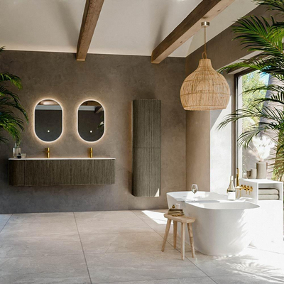 Mondiaz KURVE-DLUX Ensemble de meuble salle de bain - 165x46x40cm - 2 tiroirs - 1 porte - lavabo en solid surface - double / droite - 2 trous de robinet - Shadow