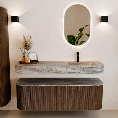 MONDIAZ THOR-DLUX 140cm badmeubel ronding links + rechts kleur Walnut met 1 lade en 2 deuren. Vrijhangende wastafel CLOUD Rechts 1 kraangat kleur Oza.