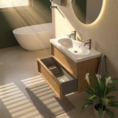 Saniclass Holz Frame Ensemble meuble de salle de bains - 100x45x63.5cm - lavabo en céramique Palermo blanc - 1 vasque - 2 trous de robinetterie - 2 tiroirs - chêne natural mat (bois)