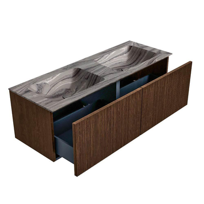 MONDIAZ KURVE-DLUX meuble de salle de bains 130cm couleur Walnut avec 2 tiroirs et 0 portes. Lavabo LEAF Double sans trou de robinet Sombra.