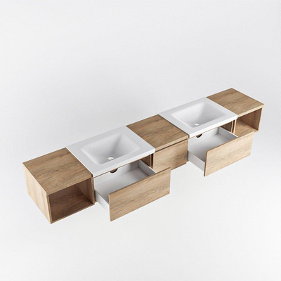 MONDIAZ BUKLA 240cm badmeubel met open module 40 L+R kleur Washed Oak met 3 lades. Wastafel CLOUD dubbel 2 kraangaten kleur Talc.