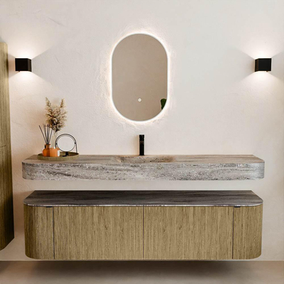 MONDIAZ THOR-DLUX Meuble de salle de bains - 180cm - arrondi gauche + droite - couleur Dusk - 2 tiroirs - 2 portes - Vasque suspendue CLOUD Milieu 1 trou de robinet couleur Oza