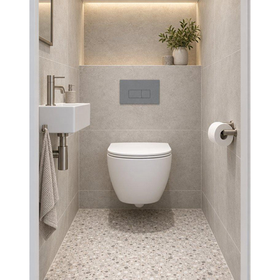 QeramiQ Dely Swirl Ensemble WC Compact - réservoir encastré QeramiQ flush - abattant fin - plaque de commande en plastique gris clair - boutons rectangulaires - blanc mat
