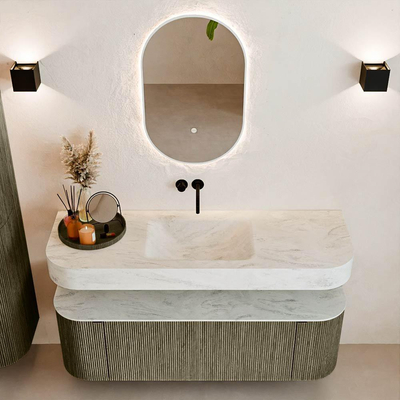 MONDIAZ THOR-DLUX Meuble de salle de bains 140cm arrondi gauche + droite couleur Shadow avec 1 tiroir et 2 portes. Vasque suspendue CLOUD Milieu sans trou de robinet couleur Opalo.