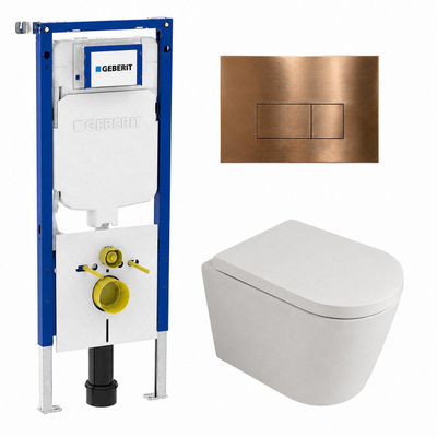 QeramiQ Dely Toiletset - 36.3x51.7cm - diepspoel - rimless - Geberit UP720 inbouwreservoir - softclose toilet zitting - 35mm - koperen bedieningsplaat - rechthoekige knoppen - mat wit