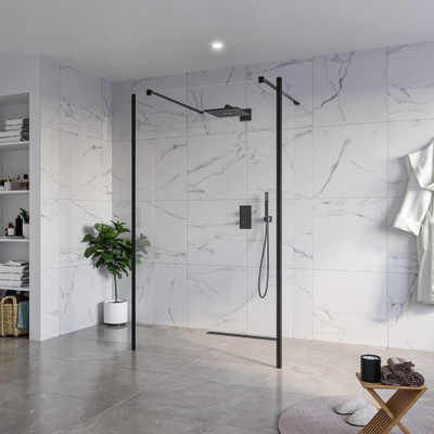 FugaFlow Eccelente Vetro Douche à l'italienne - 120x200cm - verre clair - anticalcaire - verre de sécurité 8mm - 2 parois latérales 30cm - avec bras muraux et profilés d'angle - Noir mat