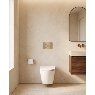 QeramiQ Dely Toiletset - 36.3x51.7cm - Geberit UP720 inbouwreservoir - rimless - diepspoel - zitting - softclose - bedieningsplaat geborsteld messing - ronde knoppen - mat wit