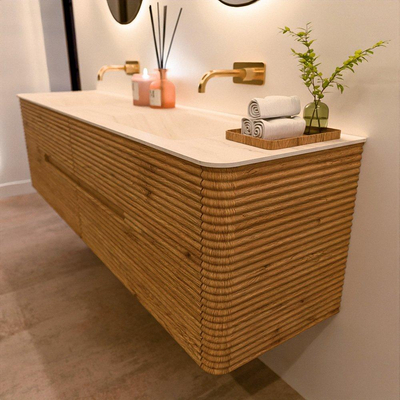 Mondiaz CIRO-DLUX Badkamermeubelset - 180x45x50cm - Solid surface wastafel Meli - 2 wasbak Dubbel - zonder kraangaten - 4 lades - Oak
