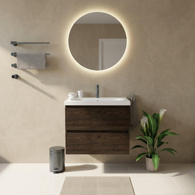 Saniclass Holz Pure Ensemble de meubles de salle de bains - 80x45x63.5cm - Lavabo en céramique Palermo blanc - 1 vasque - 1 trou de robinetterie - 2 tiroirs - chêne charcoal mat (bois)