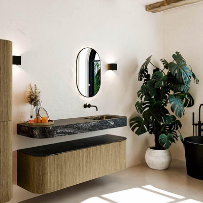 MONDIAZ THOR-DLUX 150cm meuble de salle de bains arrondi gauche + droite couleur Dusk avec 1 tiroir et 2 portes. Vasque suspendue CLOUD Droite sans trou de robinet couleur Lava.