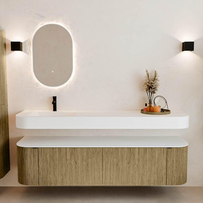 MONDIAZ THOR Meuble de salle de bains 180cm arrondi gauche + droite couleur Dusk avec 2 tiroirs et 2 portes. Vasque suspendue CLOUD Gauche 1 trou de robinet couleur Talc.