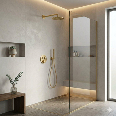 Grohe - Adema Rise Ensemble de douche pluie - rond - coude mural avec support de douchette - flexible de douche lisse - douchette à main - bras mural - douchette principale 25 cm - thermostat encastré Grohe SmartControl - brushed cool sunrise