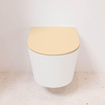 Mondiaz LAVIE hangtoilet – spoelrandloos – 36 x 53 cm – met softclose zitting – Talc (wit), zitting Sand (beige)