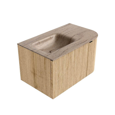 MONDIAZ KURVE-DLUX Meuble de salle de bains 75 cm arrondi à droite couleur Oak avec 1 tiroir et 1 porte. Lavabo GRUNNE à gauche 1 trou de robinet Saba.
