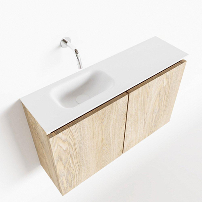 MONDIAZ TURE Kit lave-mains - 80x23x50cm - 0 trous de robinet - 2 portes - chêne blanchi mat - Lavabo à gauche - Solid Surface Blanc