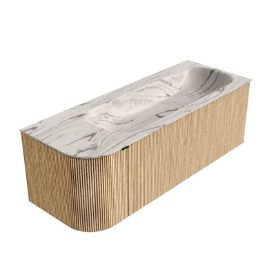 MONDIAZ KURVE-DLUX 125cm badmeubel ronding Links kleur Oak met 1 lade en 1 deur. Wastafel BIG MEDIUM Rechts zonder kraangat Nata.