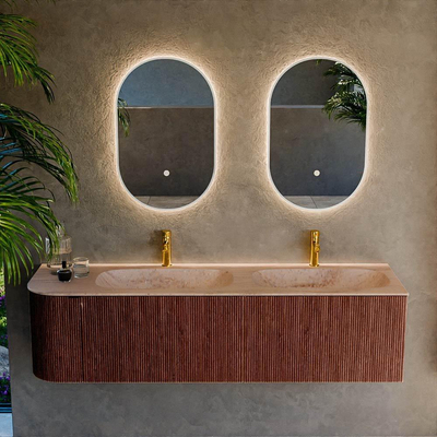 MONDIAZ KURVE-DLUX Meuble de salle de bains 165cm arrondi à gauche couleur Ruby avec 2 tiroirs et 1 porte. Lavabo STOR SMALL Double / Droite 2 trous de robinet Saba.