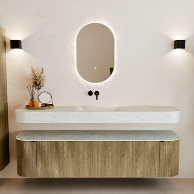 MONDIAZ THOR-DLUX 180cm badmeubel ronding links + rechts kleur Dusk met 2 lades en 2 deuren. Vrijhangende wastafel CLOUD Midden zonder kraangat kleur Opalo.