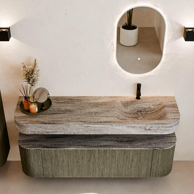 MONDIAZ THOR-DLUX 160cm meuble de salle de bains arrondi gauche + droite couleur Shadow avec 1 tiroir et 2 portes. Vasque suspendue CLOUD Droite 1 trou de robinet couleur Oza.