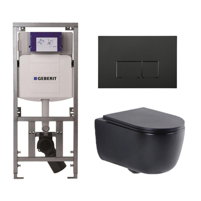 QeramiQ Dely Swirl Toiletset - 36.3x51.7cm - Geberit UP320 Burda inbouwreservoir - slim zitting - mat zwarte bedieningsplaat - rechthoekige knoppen - mat zwart