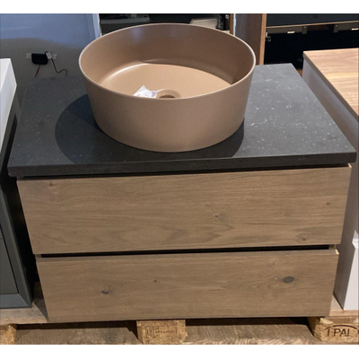 INK Wastafelonderkast - 80x45x52cm - 2 lades - greeploos - met houten keerlijst - MDF - Ash grey - inclusief topblad natuursteen - OUTLET UDEN