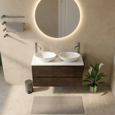 Saniclass Holz Pure Ensemble de meubles de salle de bains - 120x45x63cm - Plan vasque en marbre Dia poli (blanc) - 2 trous de robinet - 4 tiroirs - chêne charcoal mat (bois)