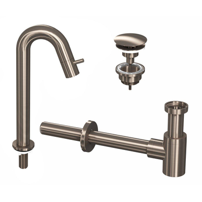 INK 5A Kit robinet lave-mains - robinet lave-mains sur pied - hautement courbé - toujours ouvert - bonde et siphon design - nickel brossé