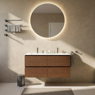 Saniclass Holz Pure Ensemble meuble de salle de bains - 120x45x61.5cm - lavabo Flow en solid surface blanc - 2 vasques - 2 trous de robinetterie - 4 tiroirs - walnut pure mat (bois)