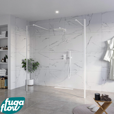 FugaFlow Eccelente Vetro Douche à l'italienne libre - 180x200cm - Clair - anti-calcaire - verre de sécurité 8mm - 2 parois latérales 40cm - avec bras de mur et profils d'angle - Blanc mat -