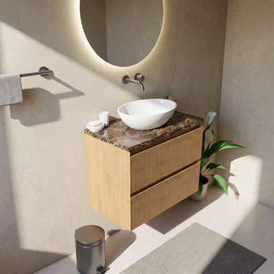 Saniclass Holz Atelier Ensemble de meubles de salle de bains - 80x45x63cm - Plan de travail en pierre naturelle Noche dark emperador - sans trou de robinetterie - 2 tiroirs - chêne natural mat (bois)