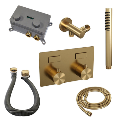 BRAUER Gold Edition thermostatische inbouw badkraan - drukknoppen SET 03 - badvulcombinatie - staaf handdouche - doucheslang - wandaansluitbocht - goud geborsteld PVD