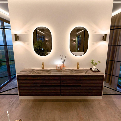 Mondiaz CIRO-DLUX Badkamermeubelset - 190x45x50cm - Solid surface wastafel Sombra - 2 wasbak Dubbel - 2 kraangaten - 4 lades - Walnut