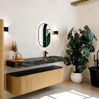 MONDIAZ THOR-DLUX 160cm meuble de salle de bains arrondi gauche + droite couleur Oak avec 1 tiroir et 2 portes. Vasque suspendue CLOUD droite 1 trou de robinet couleur Lava.