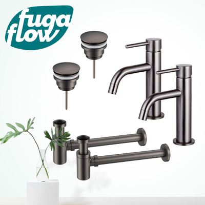 FugaFlow Eccelente Sobrado Badkamer Slim Wastafelkraanset - voor dubbele wastafel - lage wastafelkraan - klikwaste plug - verlaagde design sifon - PVD Gepolijst Gunmetal