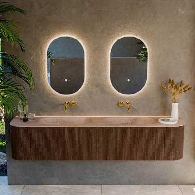 MONDIAZ KURVE-DLUX Meuble de salle de bains 200cm arrondi Gauche + Droite couleur Walnut avec 2 tiroirs et 2 portes. Lavabo STOR SMALL Double sans trou de robinet Saba.