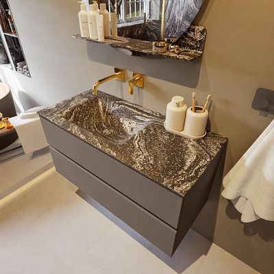 Mondiaz VICA-DLUX ensemble de meuble de salle de bain - 100cm - meuble sous-vasque fumée - 2 tiroirs - lavabo encastré nuage gauche - sans trous de robinet - miroir modèle spot - version XL 60cm de haut - lave