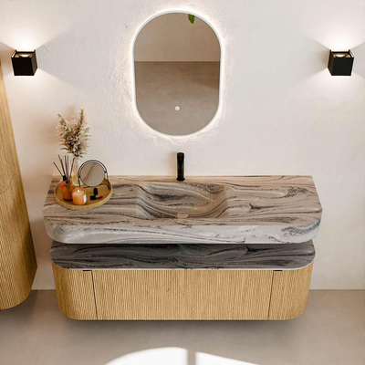 MONDIAZ THOR-DLUX 150cm meuble de salle de bains arrondi gauche + droite couleur Oak avec 1 tiroir et 2 portes. Vasque suspendue CLOUD Milieu 1 trou de robinet couleur Sombra.