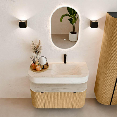 MONDIAZ THOR-DLUX 100cm meuble de salle de bains arrondi gauche + droite couleur Chêne avec 1 tiroir et 2 portes. Vasque suspendue CLOUD Droite 1 trou de robinet couleur Meli.