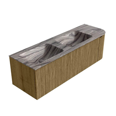 MONDIAZ KURVE-DLUX meuble de salle de bains 145cm arrondi à droite couleur Dusk avec 1 tiroir et 1 porte. Lavabo LEAF Double / gauche sans trou de robinet Sombra.