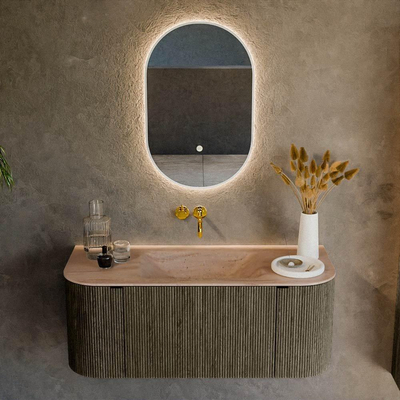 MONDIAZ KURVE-DLUX Meuble de salle de bains 110cm arrondi Gauche + Droite couleur Shadow avec 1 tiroir et 2 portes. Plan-vasque CLOUD Central sans trou de robinet Saba.